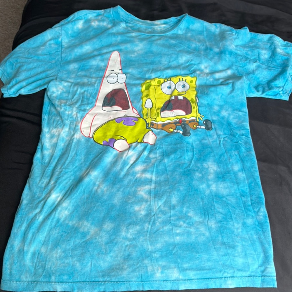 A SpongeBob and Patrick shirt with their mouths open